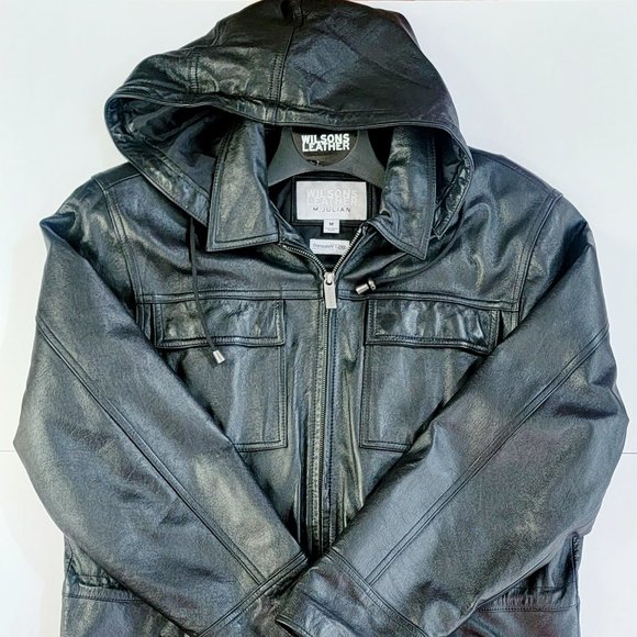 BLACK VINTAGE WILSONS LEATHER M. JULIAN BLACK DRAWSTRING JACKET W/REMOVABLE HOOD - Picture 1 of 16